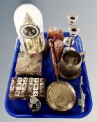 A tray containing trinket boxes, a glass and white metal vinaigrette, anniversary clock under dome,