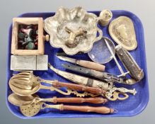 A tray containing brass ware, a part painted metal chess set, vintage pocket knife,
