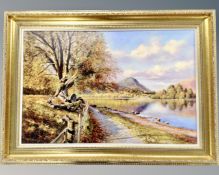 Contemporary school : River with hills beyond, textured colour print on canvas, numbered 55 of 350,