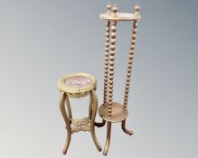A marble inset gilt pedestal table together with a further gilt table with bobbin turned supports.