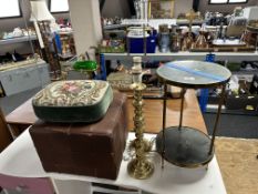 A 1970s foot cube, together with a tapestry upholstered foot rest,