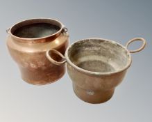 A 19th century copper twin handled cooking pot, diameter 19 cm,