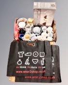 A box of fabric tote bags, further box of ceramics, Denby,