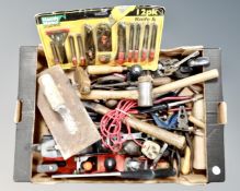 A box of wood working tools, assorted hammers,