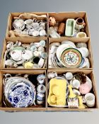 A pallet of six boxes of ceramics, vintage soda siphon,