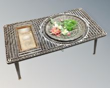 A mid century mosaic topped coffee table inset with electric water feature bowl and trough