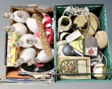 Two boxes of sheet music, vinyl records, glass light bulbs,