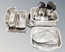 A quantity of aluminium commercial oven dishes, bain marie pots,