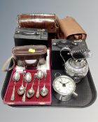 A tray of box cameras, Illford camera, plated tea spoons and milk jug,