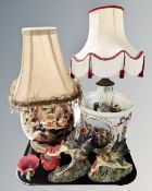 A tray of assorted ceramics, Franz tea cup and sugar basin, Capodimonte planter, table lamps,