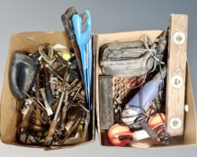 Two boxes of assorted power and hand tools, saws, spirit level,