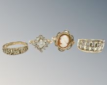 Four 9ct yellow gold dress rings, cameo, diamond chips etc, 10.2g.