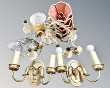 A decorative gilt metal five way light fitting with shades together with pair of two-way wall