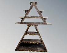 Two antique triangular wall shelves