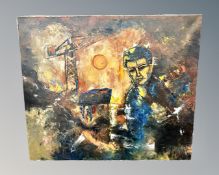 F Witiring: Figure by a crane, oil on canvas, 70cm by 60cm,