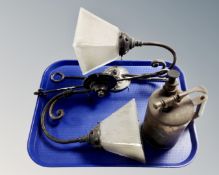 A vintage brass blow lamp together with a pair of copper wall lights with shades