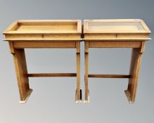 Two oak ecclesiastical display cabinets (one missing glass panel)