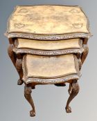 A nest of three figured walnut and beech tables