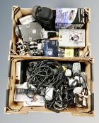 Two boxes of digital cameras, vintage cine camera, leads,