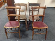 A pair of antique kitchen chairs together with further pair of bedroom chairs