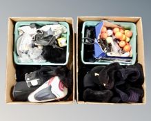 Two boxes of golfing accessories, gloves, golf head covers, golf balls,