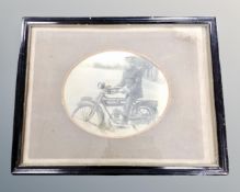 A WWI era monochrome photograph depicting a soldier on BSA motorbike