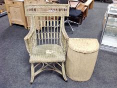 A mid century wicker open armchair together with Loom 'lusty' s/l box