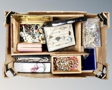 A box of pine crate and jewellery boxes containing a large quantity of good quality costume