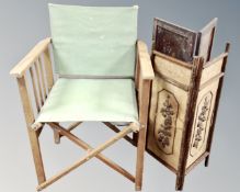 A folding campaign style chair together with two-way folding screens