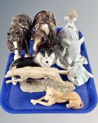 A tray of ceramic ornaments, shire horses,