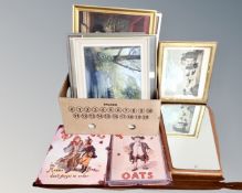 A box of pictures and prints, 1970's mirror on board,