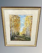 Dame Catherine Cookson (1906 - 1998) : A tree lined pathway in autumn, oil on board, 35 cm x 43 cm,