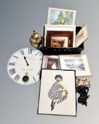 A box of Edwardian and later framed pictures, two carved hardwood elephants,