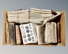 A box of unbound proceedings of the antiquities society, leather bound bible, national service book,