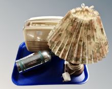 A tray of mid century teak table lamp with shade, vintage soda syphon,