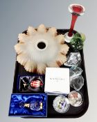 A tray containing a pair of Art Deco glass light shades together with further glassware including