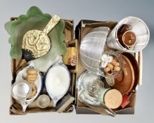 Two boxes of miscellany to include vintage brass bellows, wire metal lamp shade,
