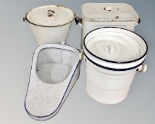 Two vintage enamelled lidded buckets together with a bread bin and a bed pan