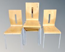 A set of 44 stacking bentwood banquet chairs on metal legs.