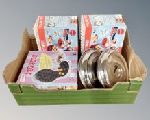 Two boxes containing kitchen electricals including Delta donut maker, American Originals cake maker,