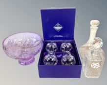A tray containing assorted glassware including Caithness glass bowl,