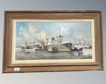 J. Verddenik : Boats in a Port, oil on canvas, 60cm by 30cm.