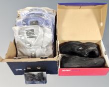 A box of pair of hi tech trainers size 9, boxed, together with four M&S shirts collar 17