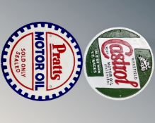 Two cast iron plaques, Pratts Motor Oil and Castrol Motor Oil.