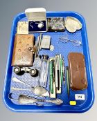 A tray of vintage spectacles, fountain pen, propelling pencils, opera glasses,