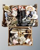 Two boxes of assorted ceramics and glass ware, glass figure of a bull, Staffordshire dogs,