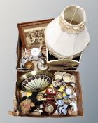 Two boxes of beer steins, Deco style ceiling light, figurines, table lamp,