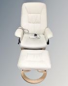 A contemporary Scandinavian style electric recliner relaxer chair with stool in cream leather