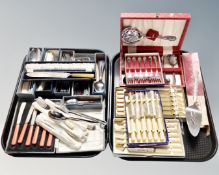 Two trays of plated and stainless steel flatware,