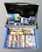 Two boxes of DVD's, Xbox computer games, LCD TV, digital aerial, keyboard,